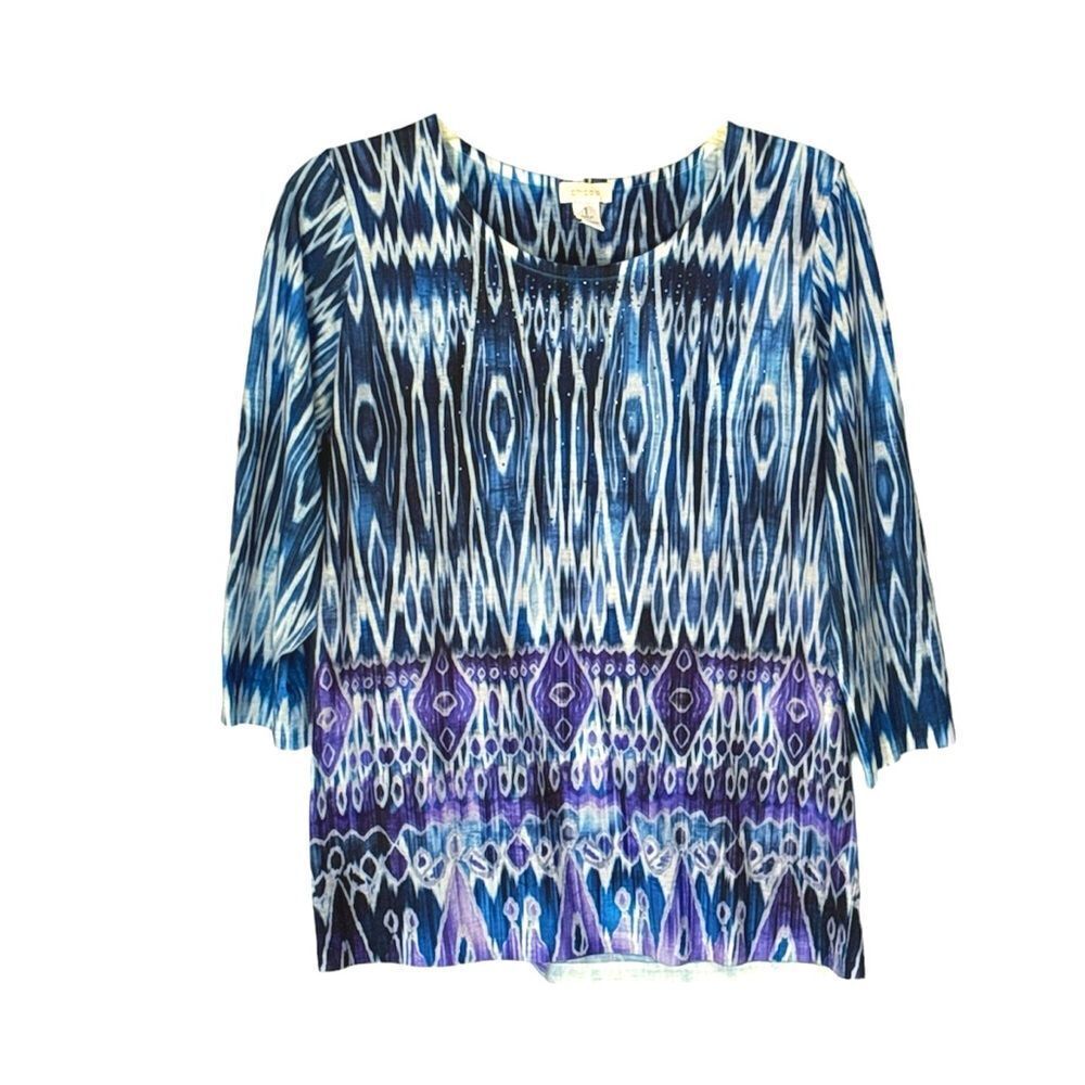 Chico's | Women’s Blue Geo Print Jeweled 3/4 Sleeve Blouse Top Size M 8